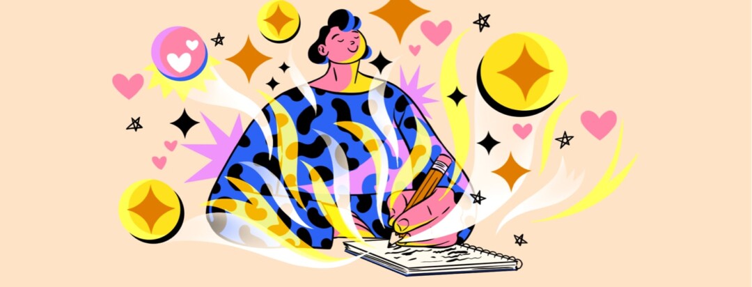 A person is lit up with thankfulness and bright stars as she writes in a journal