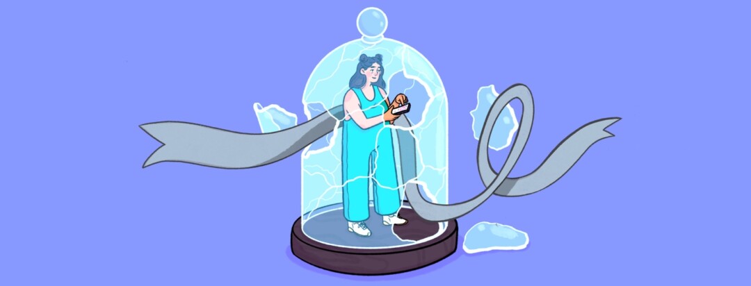 A woman on her phone in a broken glass dome as a silver ribbon floats through the cracks