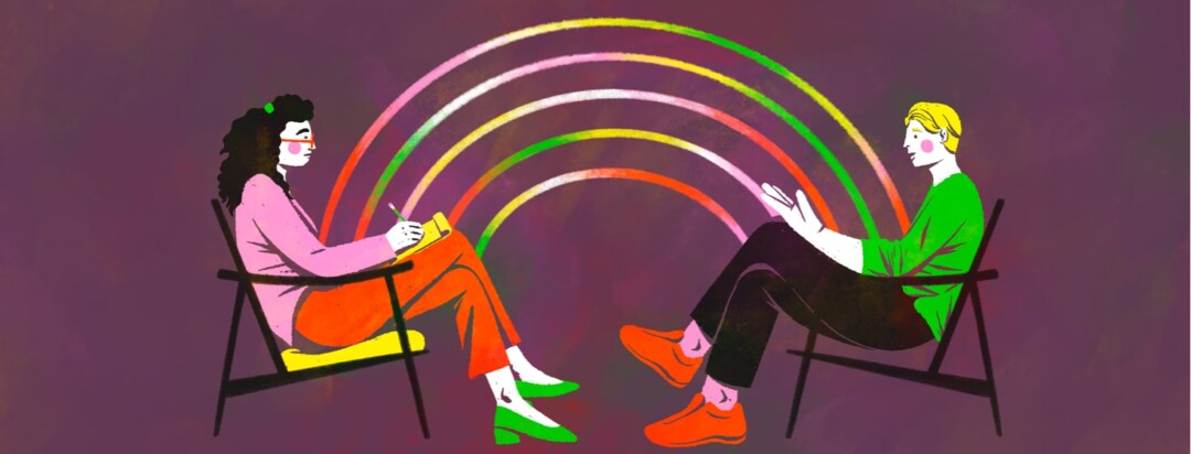 A patient talks to their therapist as a rainbow of connections spans between them