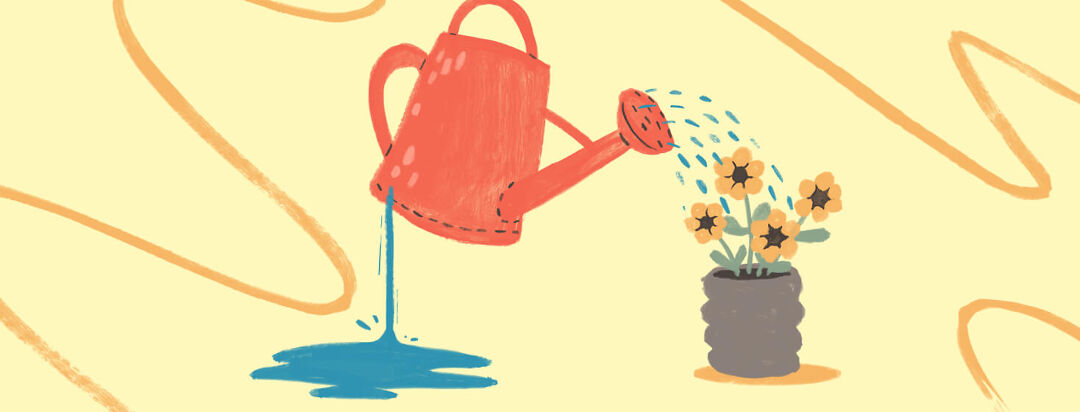 A leaking watering can with a hole in its base sprinkles water into a pot of flowers