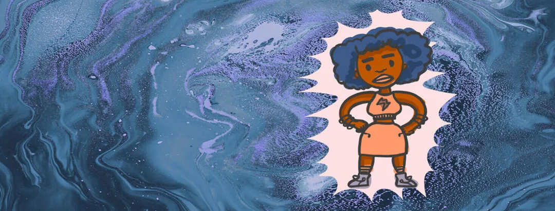 A confident woman stands proud with her hands on her hips as a superhero starburst surrounds her.