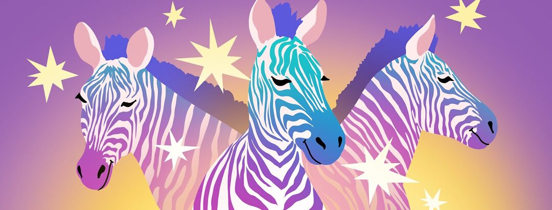 Three zebras with purple and blue coloring and stars surround them