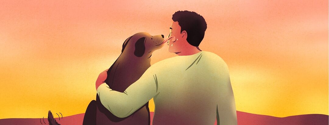 A man sits with his dog facing a sunset