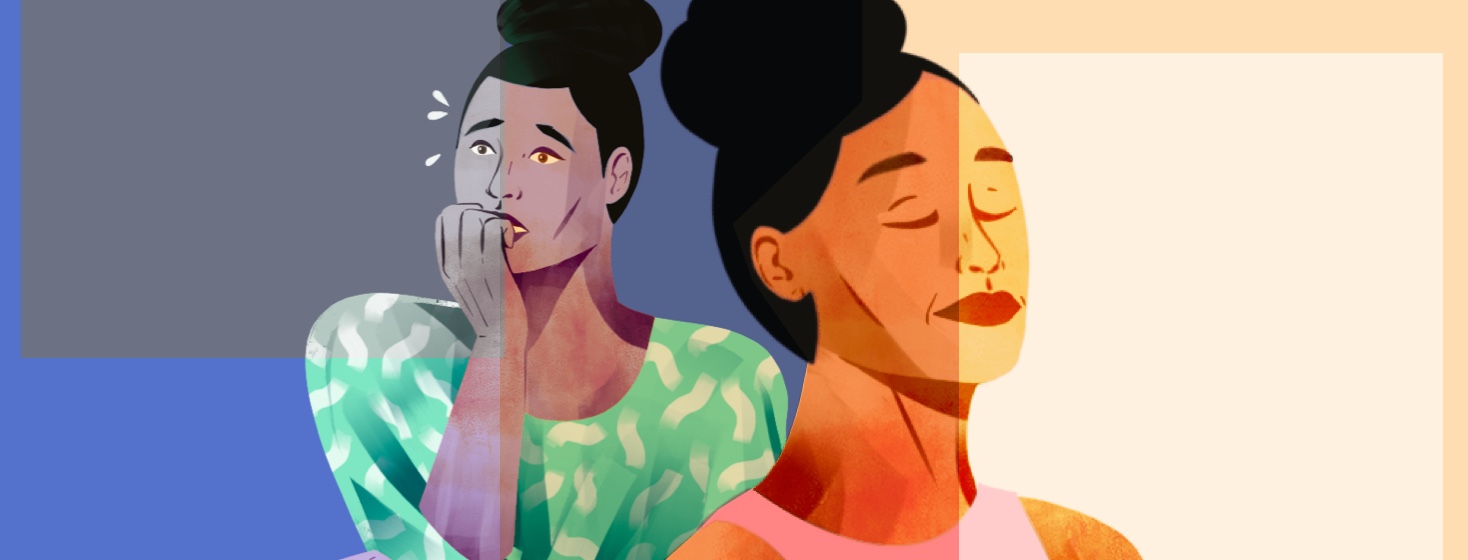 2 versions of the same woman. One version of her is scared and anxious, while the other version is happy and calm